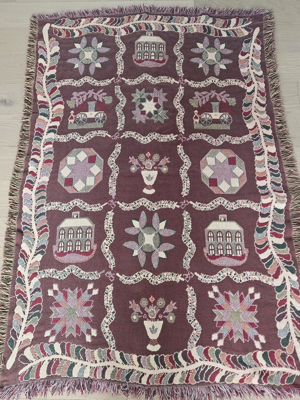 Vintage Folk Art Woven Tapestry Throw Blanket Reversible Colonial Country Scene